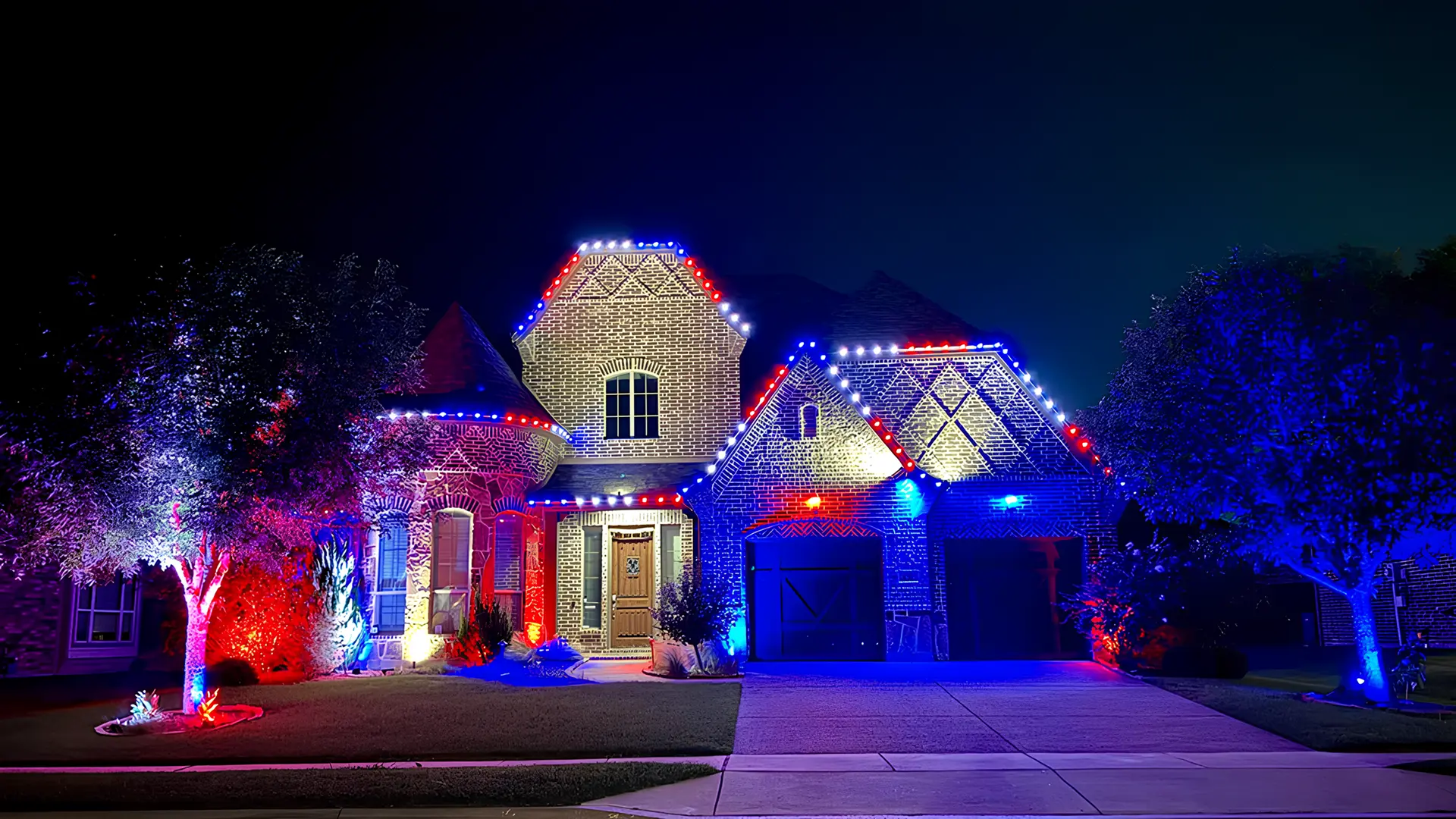Color-changing residential outdoor lights installed under eaves